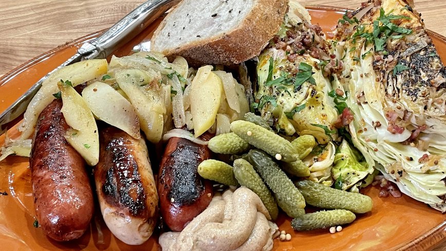 Sausages with Apples and Onions & Charred, Spiced Cabbage Wedges