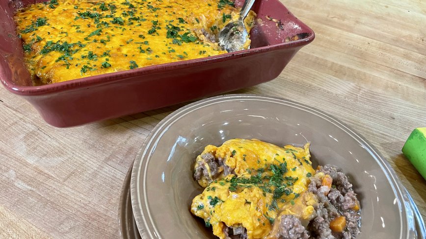 Spicy Shepherd's Pie with Sweet Potatoes and Cheddar on Top