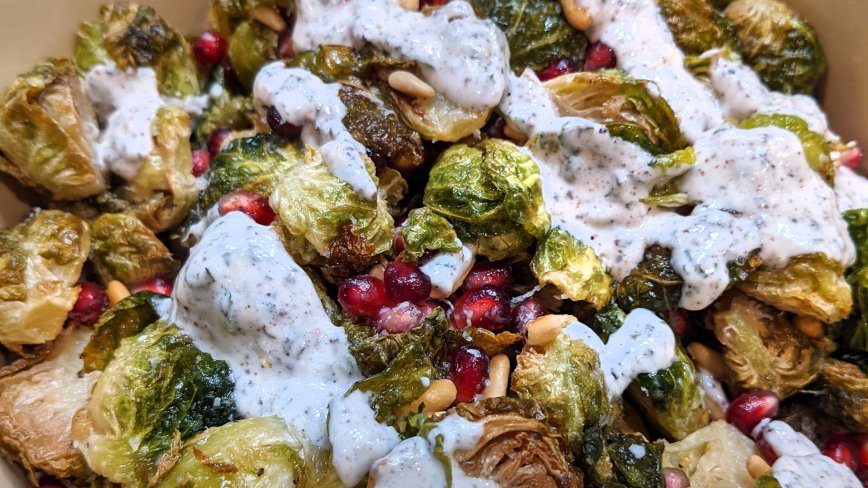 Crispy Fried Brussels Sprouts with Yogurt, Pomegranate and Pine Nuts