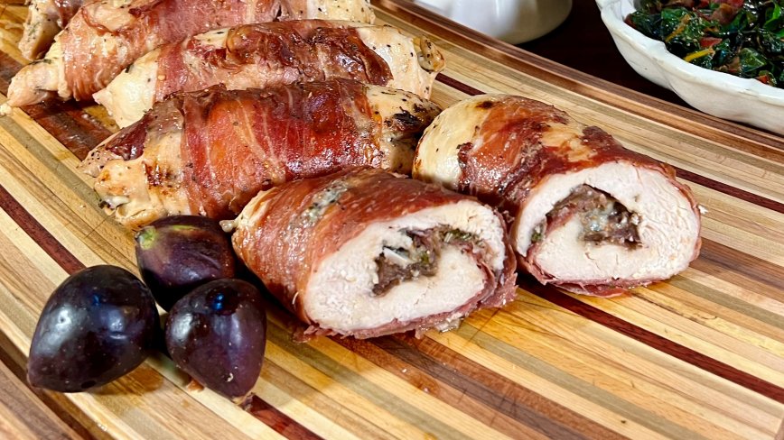 Prosciutto-Wrapped Stuffed Chicken Breasts with Figs, Rosemary + Cheese
