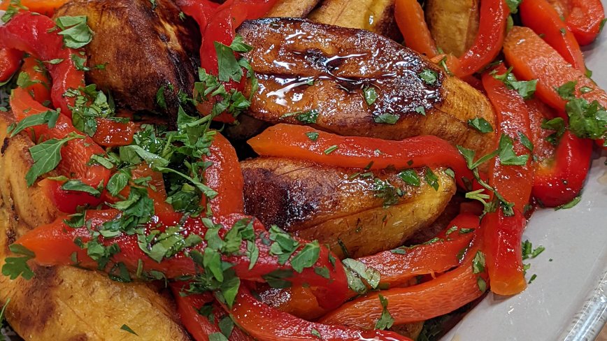 Fried Sweet Plantains with Hot Honey and Fire-Roasted Bell Peppers      