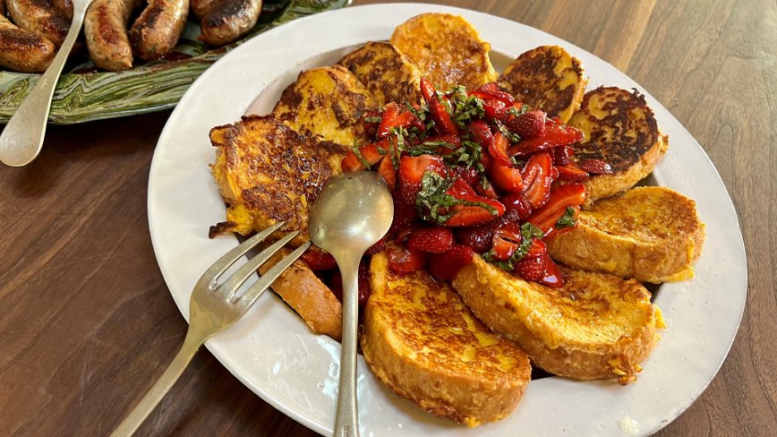 Savory French Toast with Strawberries and Basil and Sausages