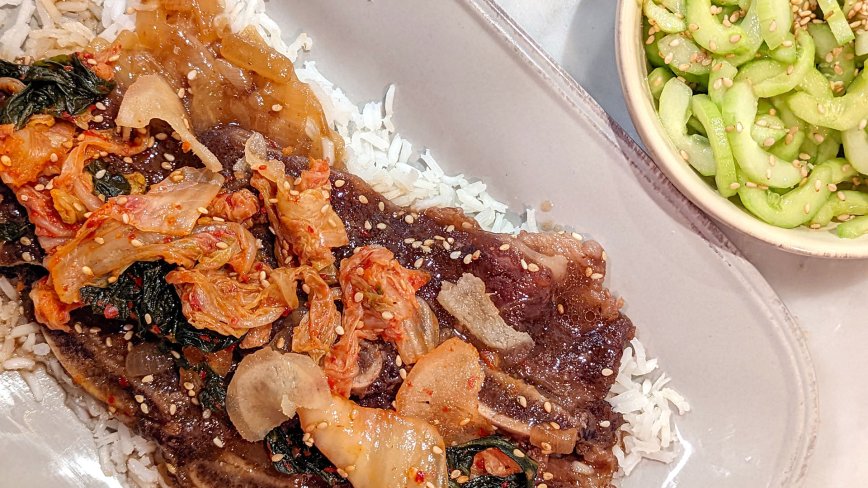 Korean-Style Braised Short Ribs with Cucumber Salad and Rice 