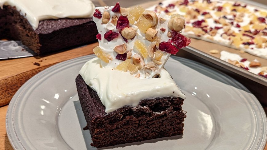Gingerbread Spice Cake with Cream Cheese Icing + Cranberry-Ginger-Hazelnut Bark   