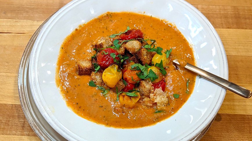 Roasted Cherry Tomato Soup and Bacon Croutons