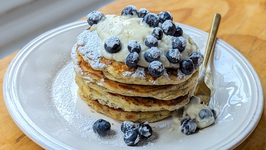 Lemon Poppy Seed Pancakes with Whipped Cream Cheese