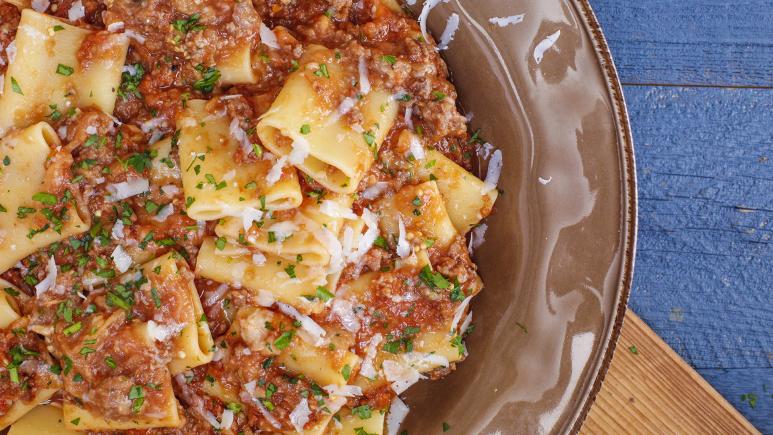 Rachael’s Charred Eggplant and Meat Sauce with Paccheri