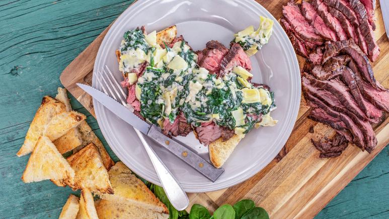 Rachael's Sliced Steak with Creamed Spinach & Artichokes