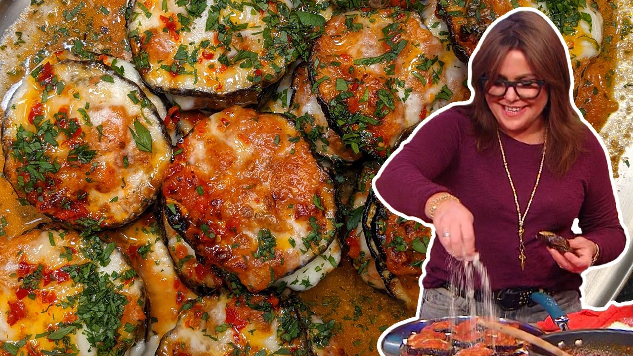 Roasted Eggplant Parm Stacks With Hot Honey On Top Rachael Ray Recipe Rachael Ray Show